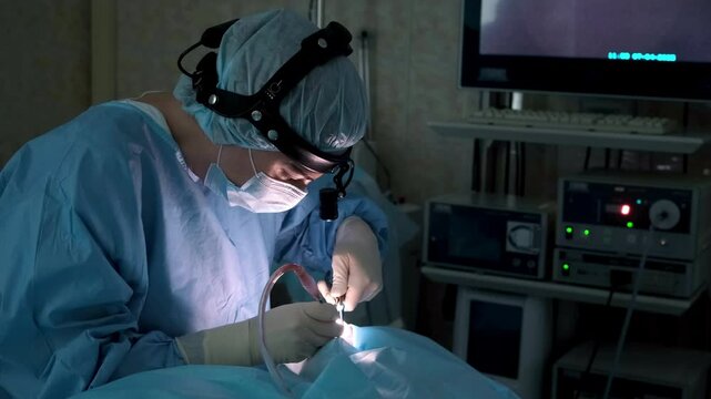 Professional surgeon wearing surgical attire performing precise microsurgery under focused lighting, guided by detailed medical technology and monitor