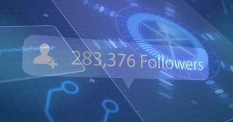 Image of speech bubble with followers and numbers, scope scanning on screen over grid