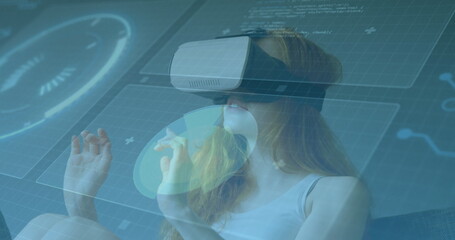 Image of scope scanning and data processing on screens over woman wearing vr headset