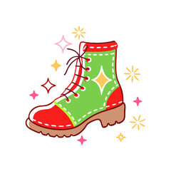 Stylish lace-up boot cartoon vector with red, green, and brown tones, accented by sparkles and bold stitching.