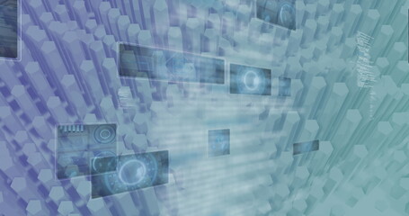 Image of 6g text with scopes and data processing on screens over 3d blocks moving