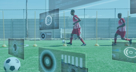 Image of scopes and data processing on screens over male football players exercising