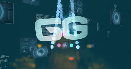 Image of 6g text, data processing and scopes scanning on screens over out of focus city lights