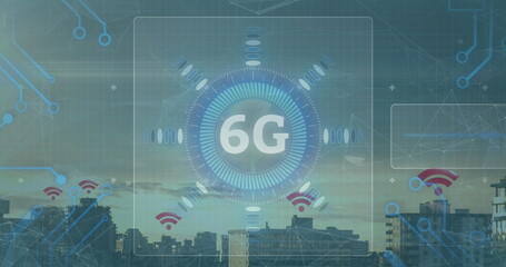 Image of 6g text, data processing and scopes scanning on screens over cityscape