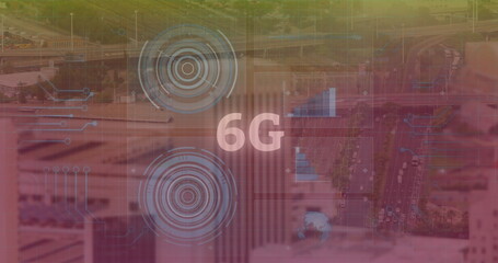 Image of 6g text, data processing and scopes scanning on screens over cityscape