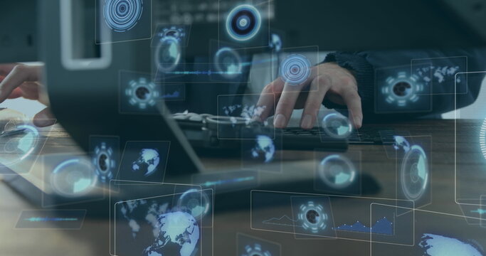 Image of scopes scanning and data processing on screens over man using computer