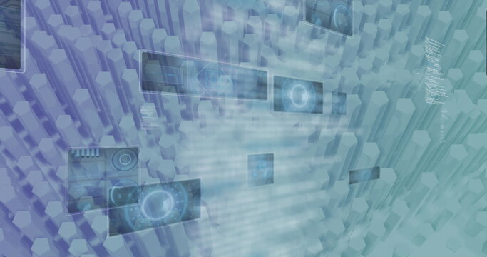 Image of 6g text with scopes and data processing on screens over 3d blocks moving