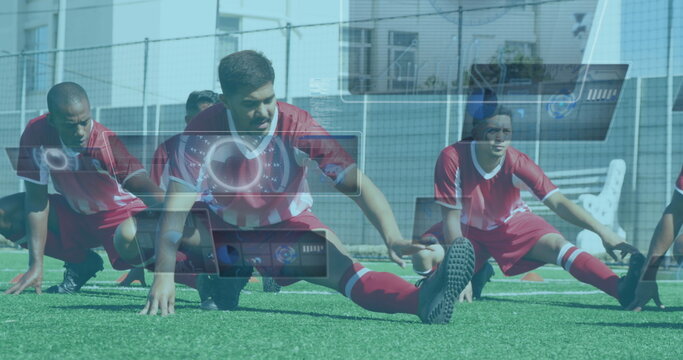 Image of scopes and data processing on screens over male football players stretching