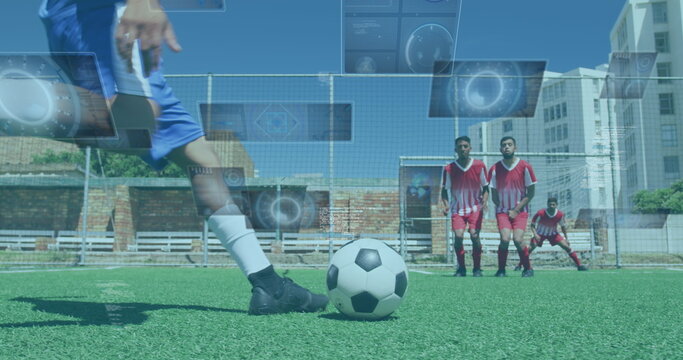 Image of scopes and data processing on screens over male football players during match