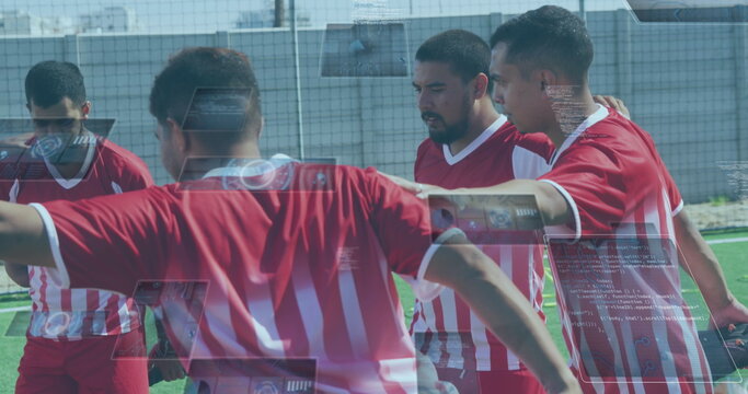 Image of scopes and data processing on screens over male football players warming up