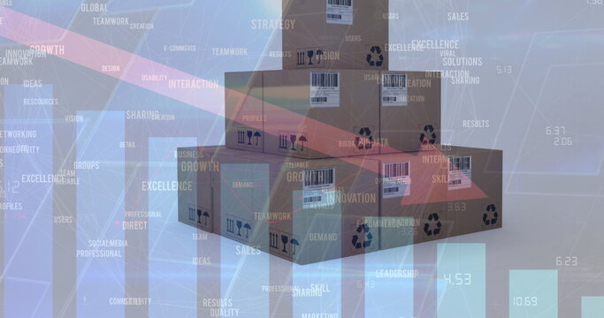 Image of red arrow decending with statistics and data processing over cardboard boxes