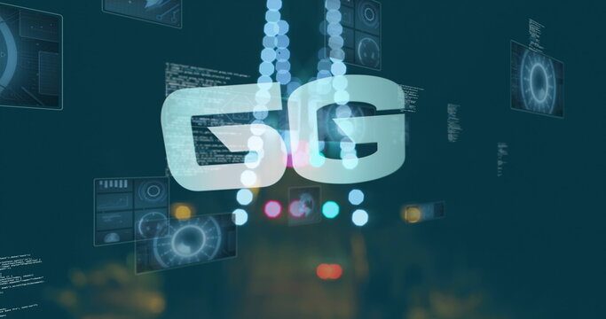 Image of 6g text, data processing and scopes scanning on screens over out of focus city lights