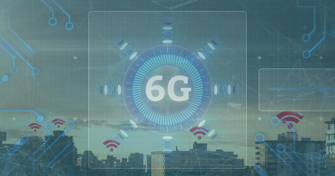 Image of 6g text, data processing and scopes scanning on screens over cityscape