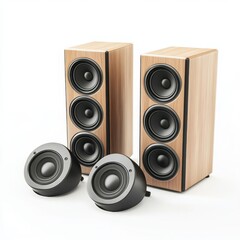 Fototapeta premium Wooden tower speakers and satellite speakers on white background