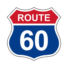 Route 60. Sign with route number. Designations of routes or tourist destinations. Road number. US route sign.
