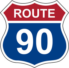 Route 90. Sign with route number. Designations of routes or tourist destinations. Road number. US route sign.