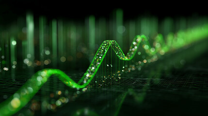 Abstract green glowing wave on dark grid background, suggesting growth, technology, or data visualization, suitable for a technological or financial concept