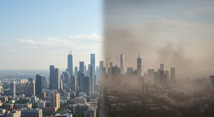 A city skyline half in smog, half in clear sky – representing air pollution.