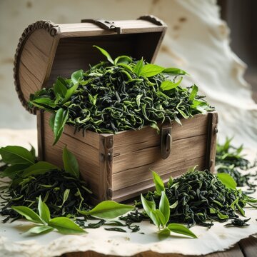 A rustic treasure chest overflowing with green tea leaves, symbolizing nature's bounty and wellness in an elegant setting.