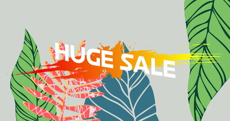 Digital image of huge sale text against colorful leaves on grey background