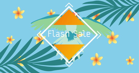 Image of flash sale text in white in white frame over exotic bird and plants on blue © vectorfusionart