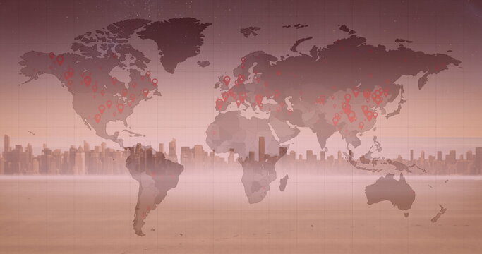 Image of world map with covid 19 pandemic locations over cityscape on pink background