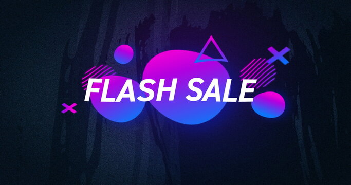 Image of flash sale text in white over pink to purple shapes on grey flickering background - Powered by Adobe