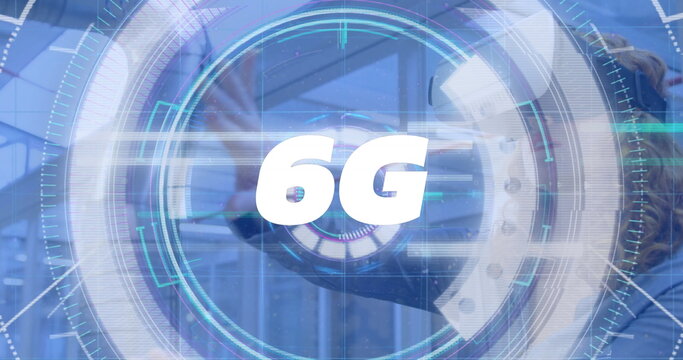 Image of 6g text, scope scanning over woman wearing vr headset and moving hand