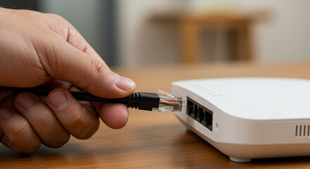 A person plugs a cord into a router