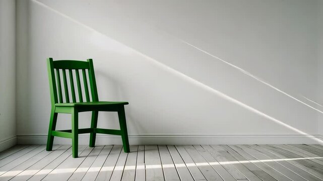 Conceptual empty green wooden chair positioned against a white wall and gray wooden floor with room for text.