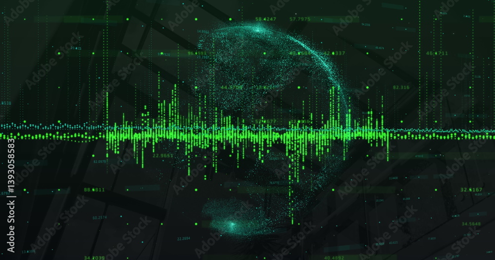 Wall mural image of data processing over green globe and modern building