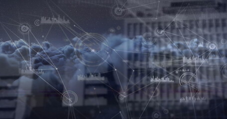 Image of network of connections and data processing over cityscape