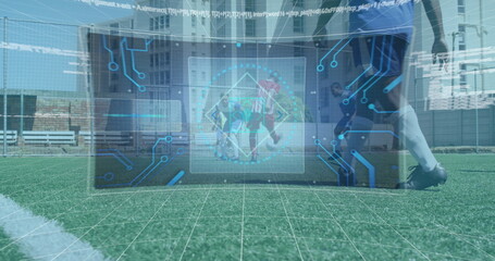 Digital interface with data processing against two team of male soccer players playing soccer