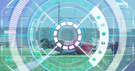 Image of scope scanning over male football player with prosthetic limb doing push ups