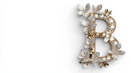 Dazzling golden letter B adorned with sparkling flowers and crystals