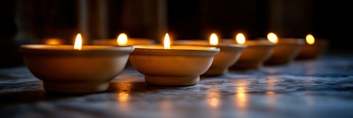 Burning candles in shallow bowls, chapel