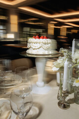 Elegant Strawberry Cake on Glass Stand