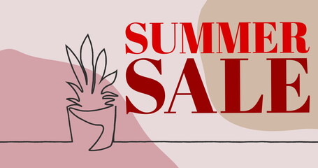 Image of summer sale text with outlined plant on pastel background