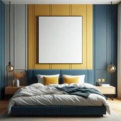 Modern bedroom interior featuring a minimalist design with a large blank canvas, vibrant wall colors, and cozy bedding, perfect for interior design inspiration.