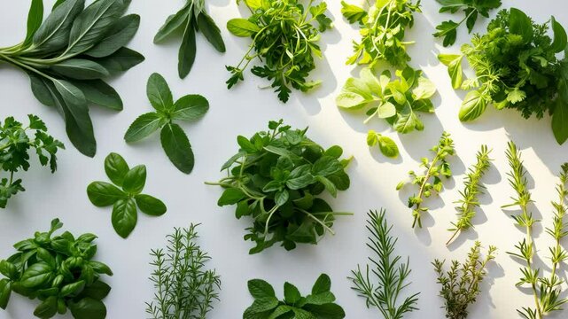 Assortment of kitchen herbs set against a white backdrop