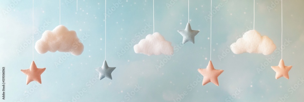 Poster Delicate stars and clouds hang from invisible strings for soft nursery decor with a calming aesthetic