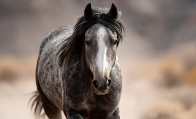  a black and white horse running in the desert, with a blurred background The horse is in sharp focus, while the background is slightly out of focus, giving the ima
