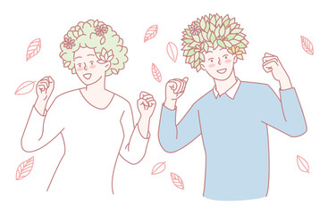 Two cheerful and joyful characters, adorned with colorful floral hairstyles, dance gracefully amidst falling leaves