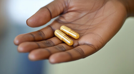 Person holds two yellow vitamin capsules in their hand Generative AI