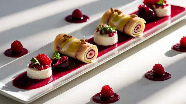 Close-up of beetroot carpaccio garnished with stracciatella cheese. A vegetarian creation with pear mousse and pine nuts. A gourmet dish showcased on a white backdrop. An exquisite appetizer served