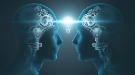 Obraz premium Wireframe heads facing each other, light bulb ideas inside, symbolizing collaboration, innovation, and knowledge sharing