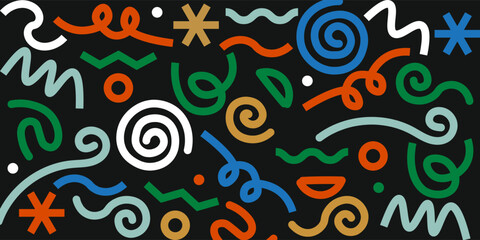 Memphis seamless geometric pattern. Multicolored abstract background in retro style of the 80s, 90s with various shapes: circles, semicircles, dots, zigzags, spirals, wavy lines. vector