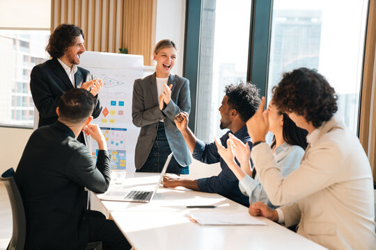 Celebrate and victory to business success with colleagues. Business celebration party event with co-worker partner in business marketing team, winner successful with startup teamwork together