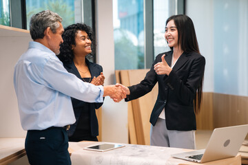 Celebrate and victory to business success with colleagues. Business celebration party event with co-worker partner in business marketing team, winner successful with startup teamwork together