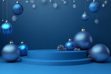 Festive Christmas decorations with blue ornaments and a stage